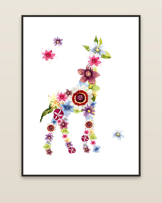 Floral Giraffe framed on a wall