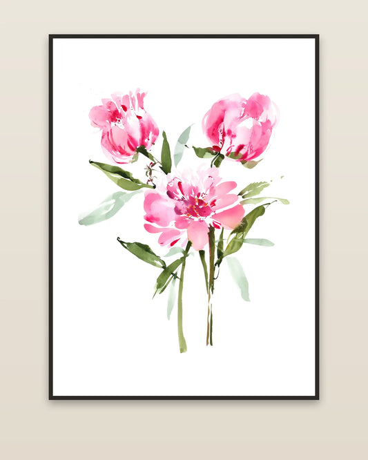 Pink Loose Peonies framed on a wall