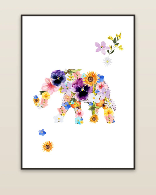 Floral Elephant framed on a wall